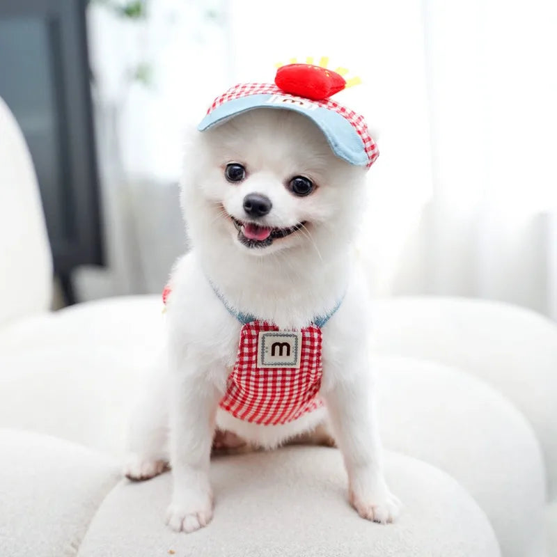 Fries-themed puppy harness set with matching hat and leash, ideal for small dogs on walks and outings.