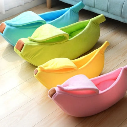 Large banana-shaped plush cat bed for small dogs and cats