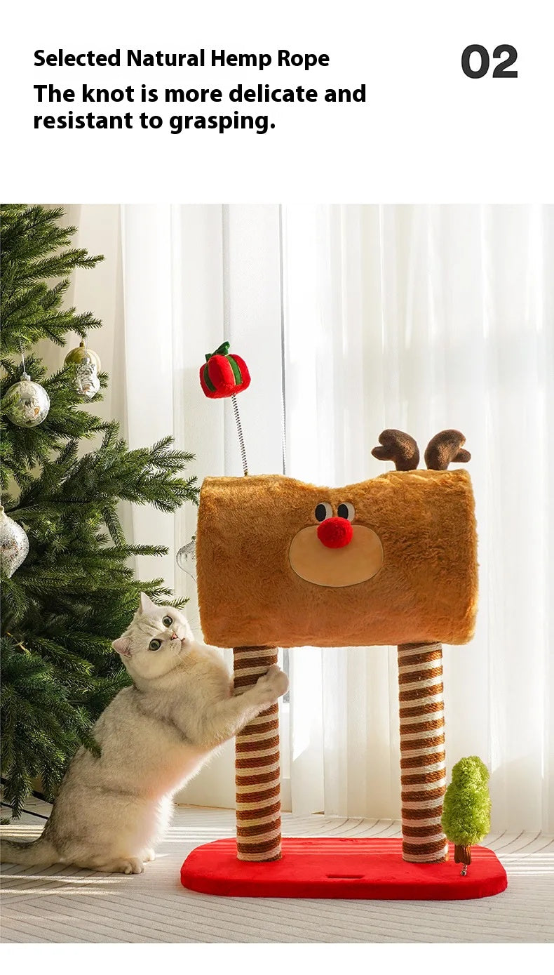 Christmas-themed cat climbing frame with cozy sleeping nest and sisal scratching posts.