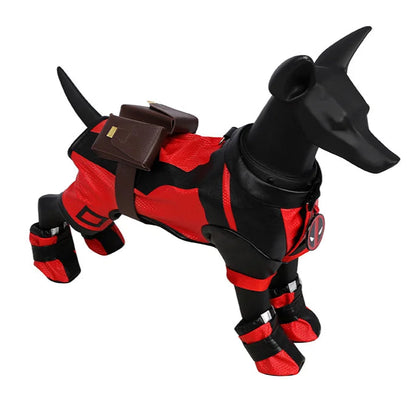 Pet dressed in Hot Movie Deadpool Cosplay Costume, a fun Dogpool outfit for Halloween and parties