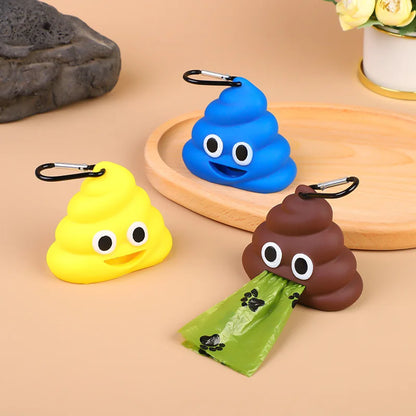 Poop-shaped pet waste bag dispenser clipped to a dog leash