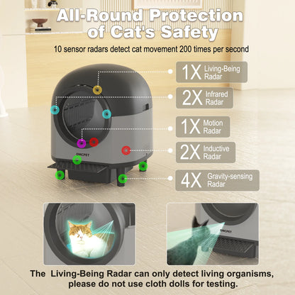 App-controlled automatic cat litter box with enclosed, low-noise design
