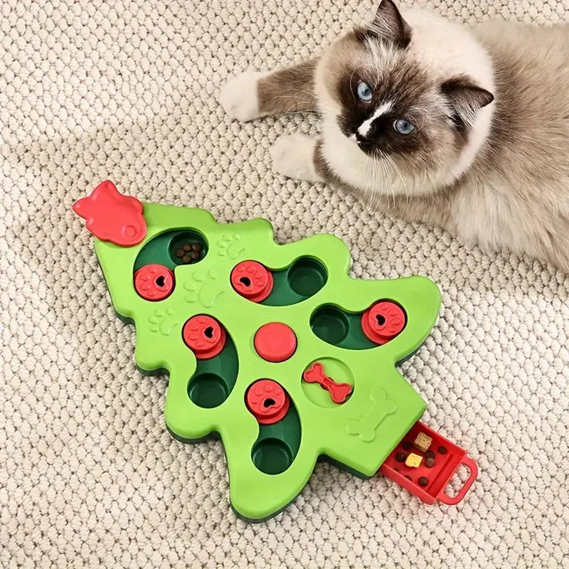 Christmas tree-shaped slow feeder bowl for cats and dogs, interactive puzzle design with a non-slip base.