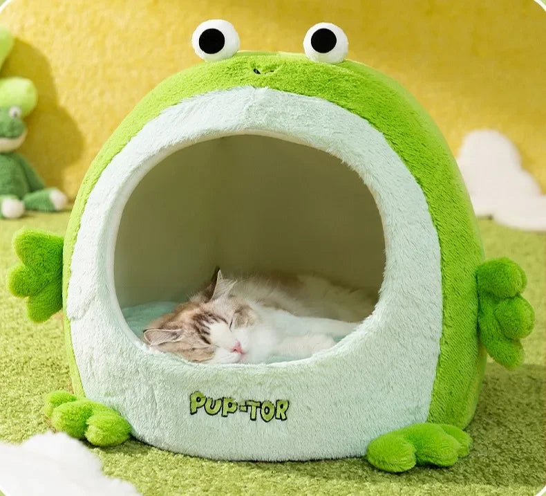 Plush semi-closed cat nest for warmth in winter, suitable for cats and small dogs.