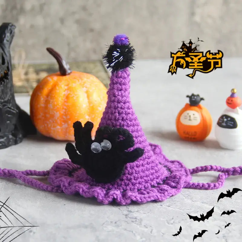 Hand-knit Halloween pet collar bib featuring ghost designs, perfect for dressing up cats and dogs during the spooky season.