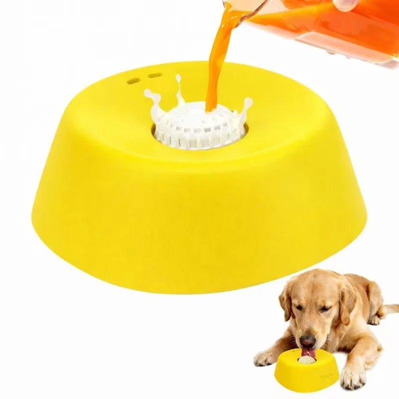 Anti-choking slow feeder for dogs Liquid Treats The Kinetic Lick Hub in yellow, showcasing a golden retriever enjoying treats.
