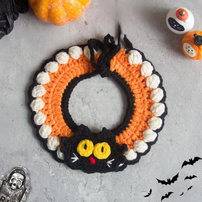 Hand-knit Halloween Pet Collar Bib for cats and dogs, perfect for adding a spooky touch to Halloween costumes.