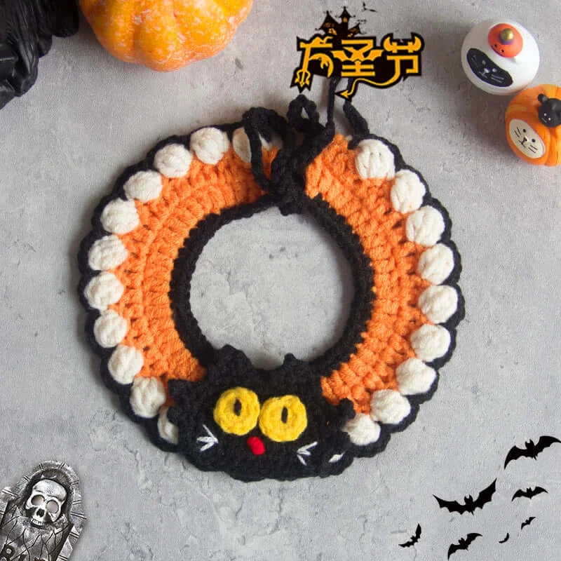 Hand-knit Halloween pet collar bib featuring ghost designs, perfect for dressing up cats and dogs during the spooky season.