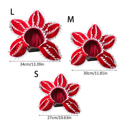 Cat wearing a scary flower Demogorgon cosplay hat for Halloween or costume party