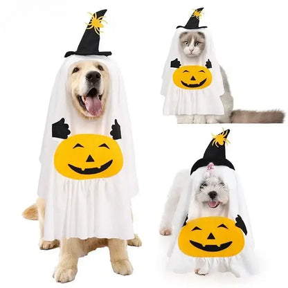 Halloween ghost costume for cats and dogs with pumpkin pocket and funny hat, perfect for spooky celebrations.