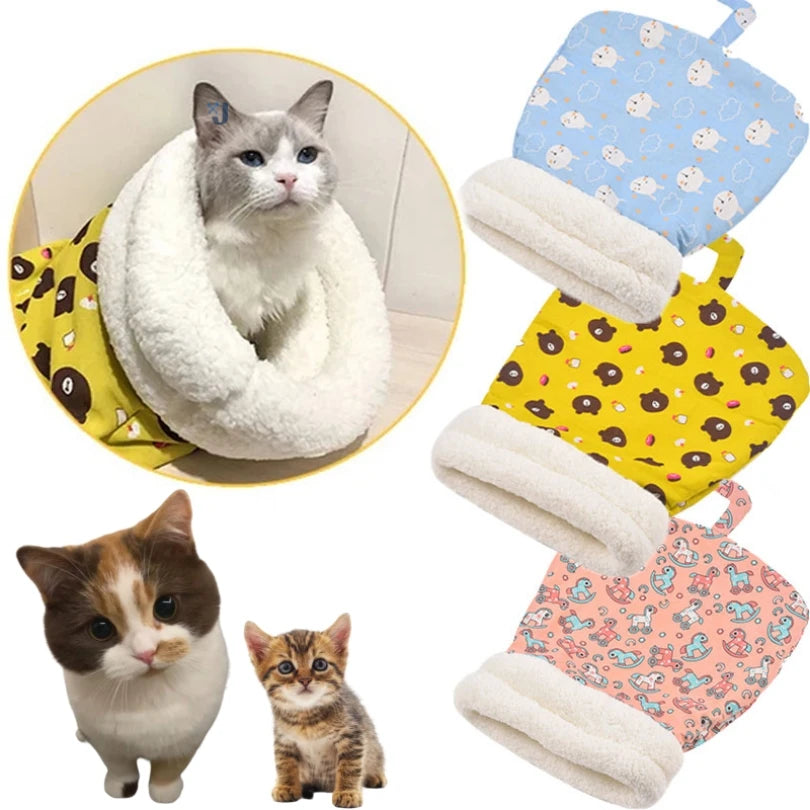 Plush cat sleeping bag with thickened design, providing warmth and comfort for kittens and puppies in winter.