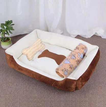 Bone-shaped soft cotton dog bed, washable and breathable with warm padding, designed for year-round comfort and suitable for dogs of all sizes.