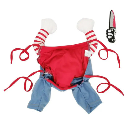 Medium-sized dog wearing a funny Halloween costume with adjustable straps.