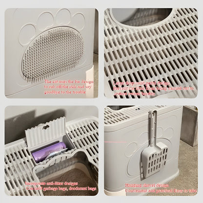 Square full closed cat litter box with large enclosed design, anti-splash walls, and pull-out drawer for easy cleaning and odor control.