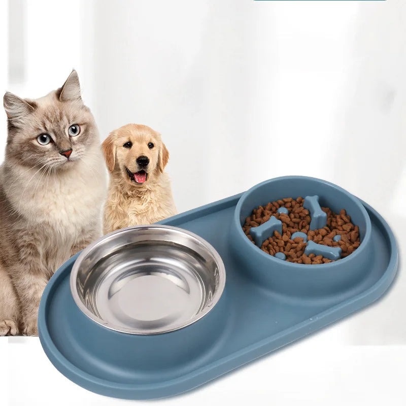 Dual dog and cat feeding bowl with anti-choking design, stainless steel bowls, and non-slip silicone mat for convenient feeding