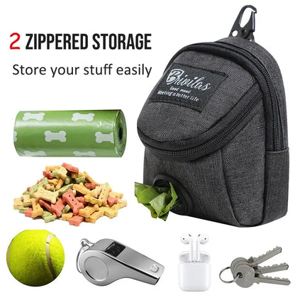 Multifunctional dog training pouch with treat storage and built-in poop bag dispenser, ideal for walking and outdoor training.