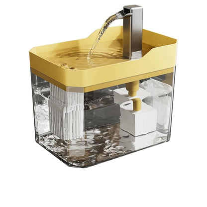 Transparent automatic cat water fountain with USB pump and recirculating filter system.