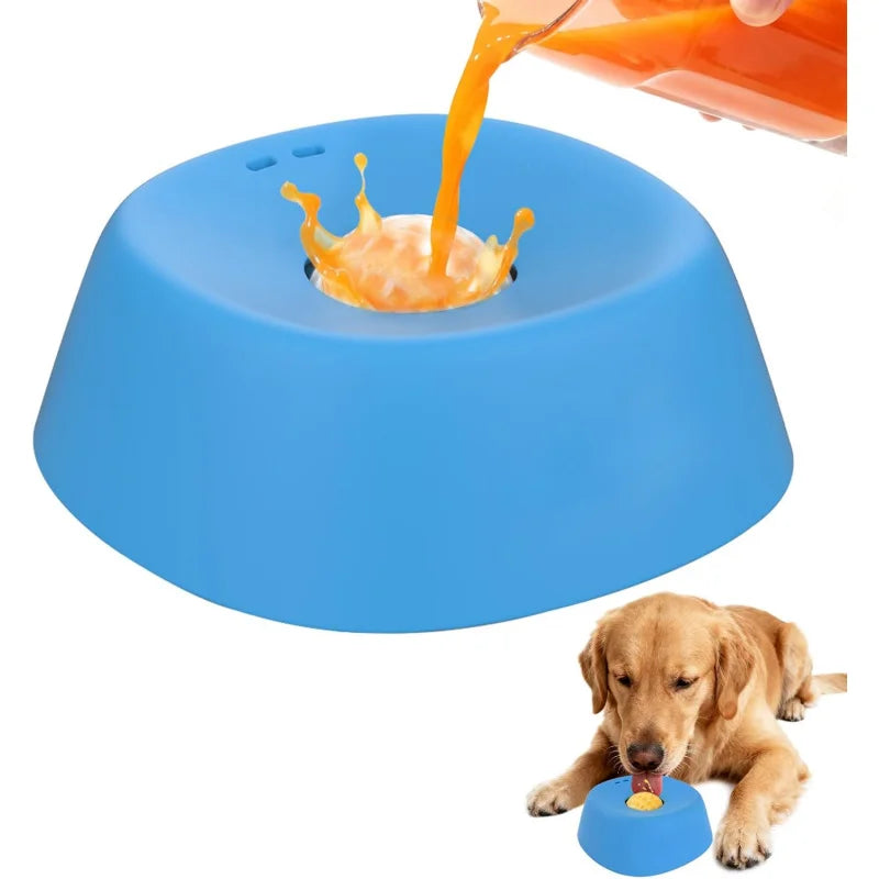 Anti-Choking Slow Feeder for Dogs being used with liquid treats, with a dog licking the bowl.