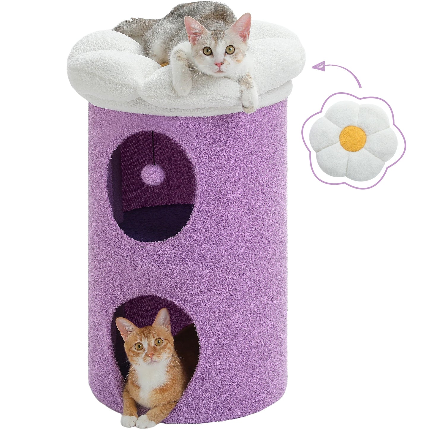 Double-deck cat house with cozy condos, luxury flower perch, and pompom ball for indoor cats.