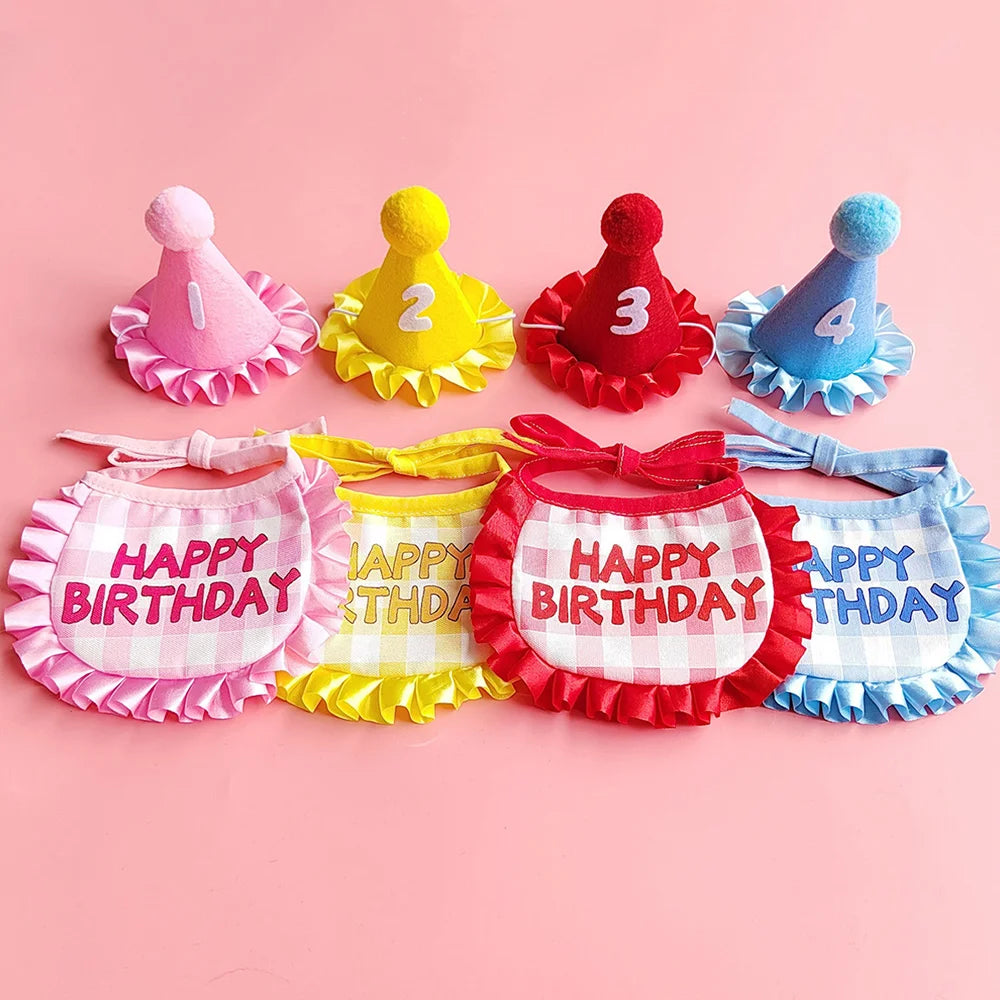 Pet birthday scarf and hat set in multiple colors for small and medium cats and dogsMedium Pets