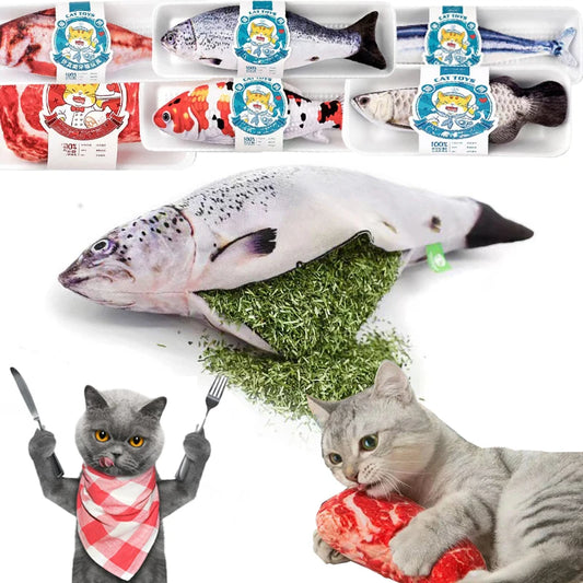 Natural catnip fish toy for interactive play and dental health in cats.