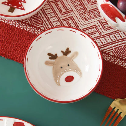 Christmas-themed ceramic pet bowl with Santa Claus, elk, and tree designs, perfect for food or water