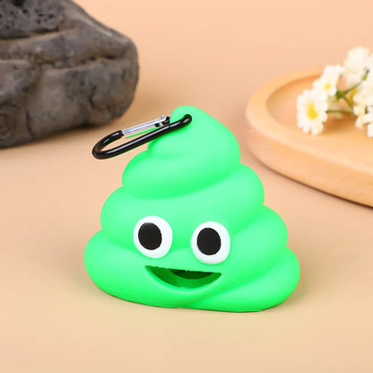 Poop-shaped pet waste bag dispenser clipped to a dog leash