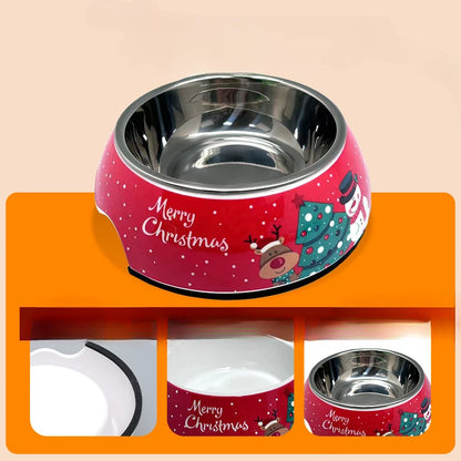 Christmas-themed stainless steel dog bowl with festive design, perfect for food and water