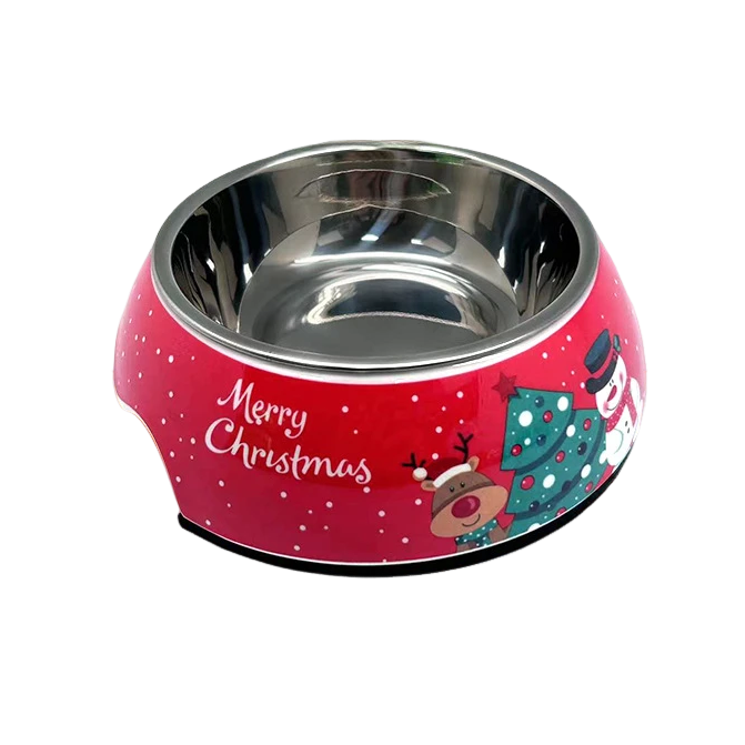 Christmas-themed stainless steel dog bowl with festive design, perfect for food and water