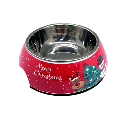 Christmas-themed stainless steel dog bowl with festive design, perfect for food and water