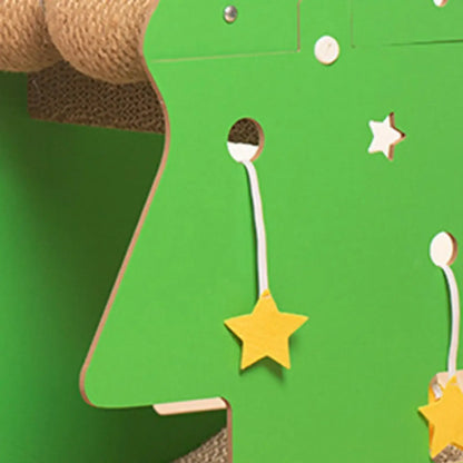 Holiday-themed sisal scratching tree for cats with Christmas design and cardboard toys.