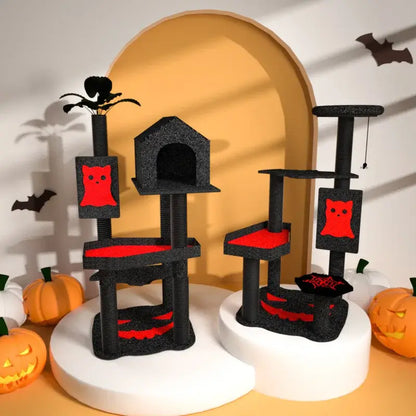 Halloween-themed cat climbing frame with multi-level platforms and scratching posts for play and exploration