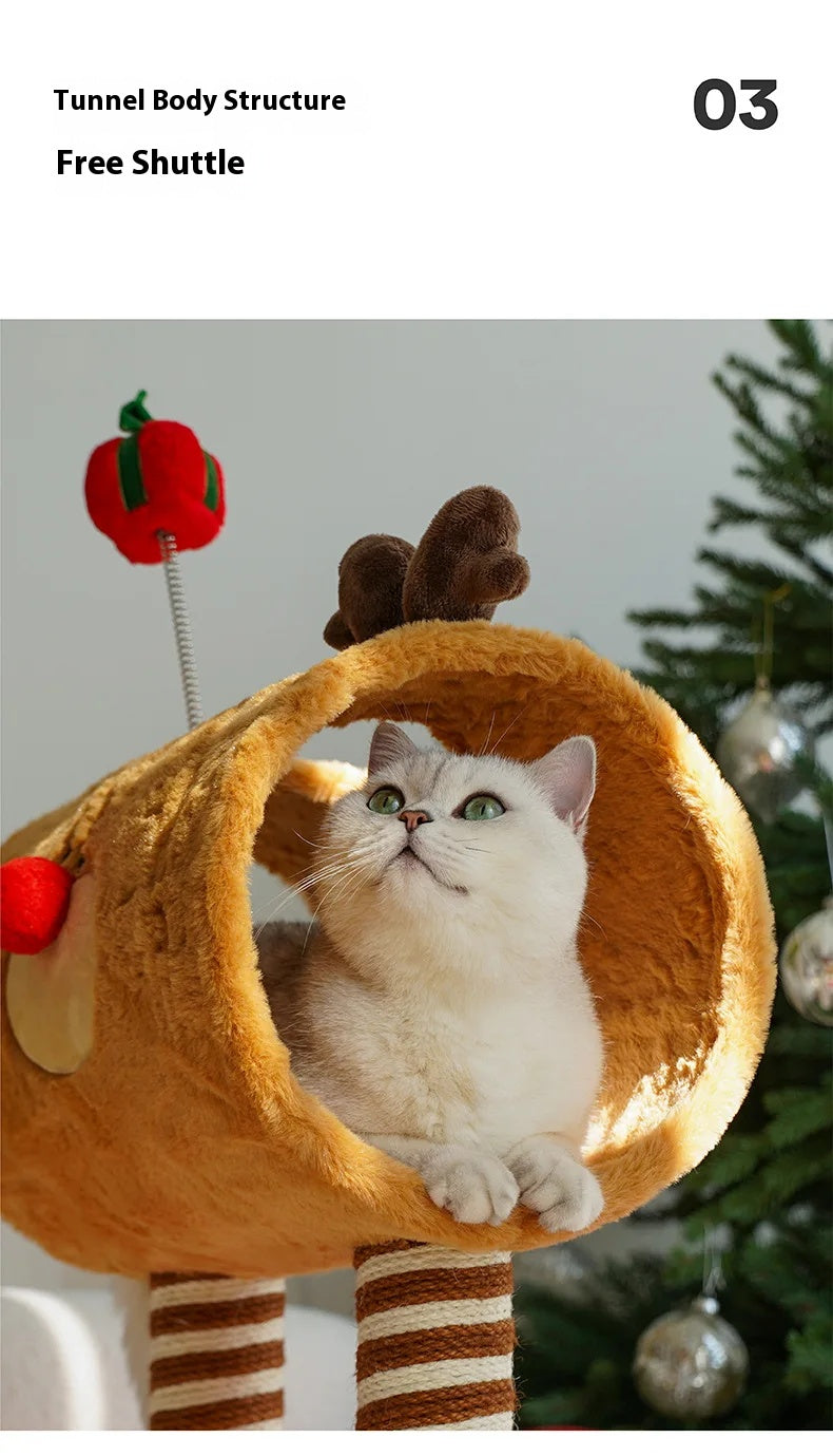 Christmas-themed cat climbing frame with cozy sleeping nest and sisal scratching posts.