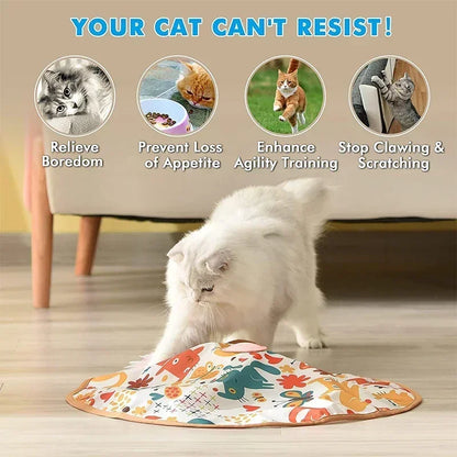 USB rechargeable electric cat toy with 360° rotation, feather attachments, and four interactive speed modes.