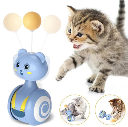 Interactive cat tumbler swing toy with feather wand and rotating ball