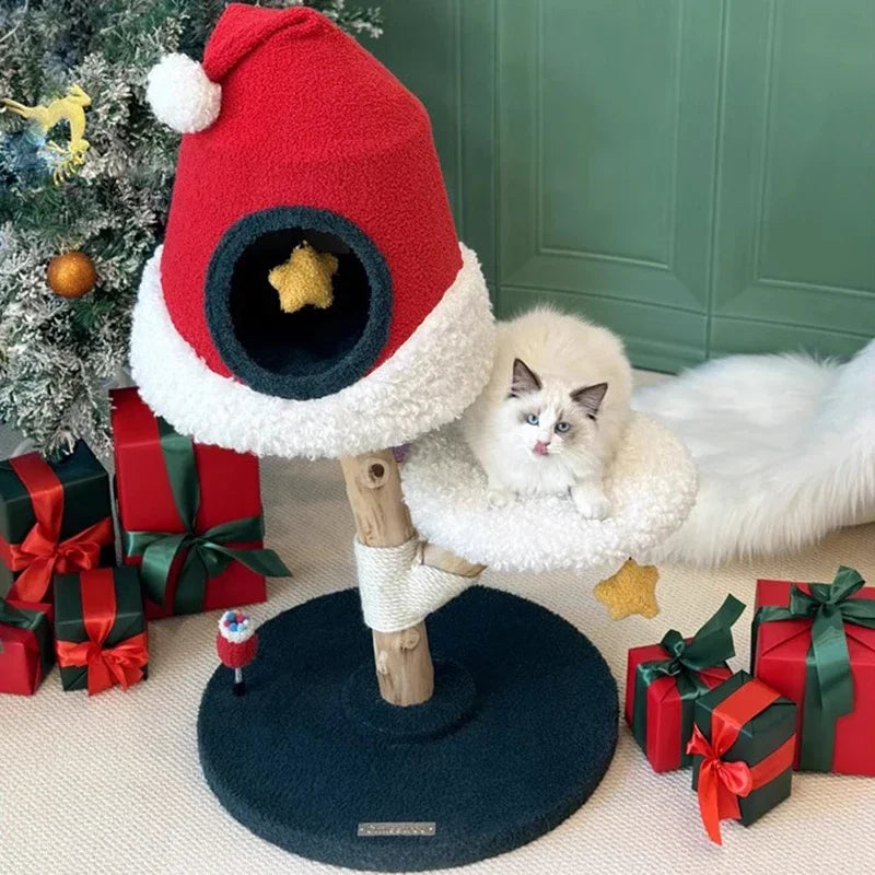 Festive Christmas tree cat tree with sisal rope posts, platforms, and a cozy cat house for climbing and scratching.