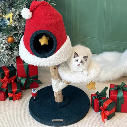 Christmas-themed American cat tree with climbing wall and sisal scratching posts