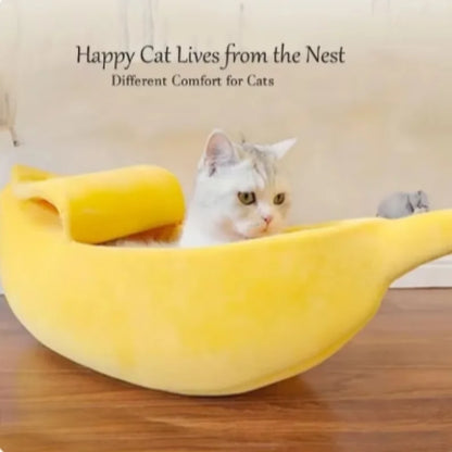 Large banana-shaped plush cat bed for small dogs and cats