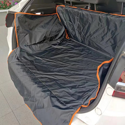 Dog sitting on waterproof SUV cargo liner with side flaps