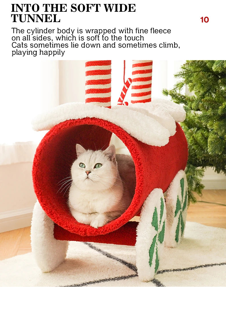 Christmas-themed cat climbing frame with cozy sleeping nest and sisal scratching posts.