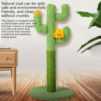 Cactus-shaped cat scratcher tree providing entertainment and exercise for cats.