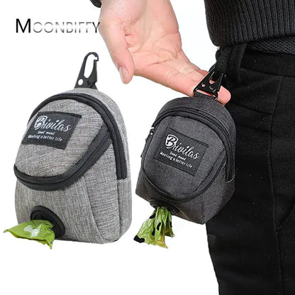 Multifunctional dog training pouch with treat storage and built-in poop bag dispenser, ideal for walking and outdoor training.