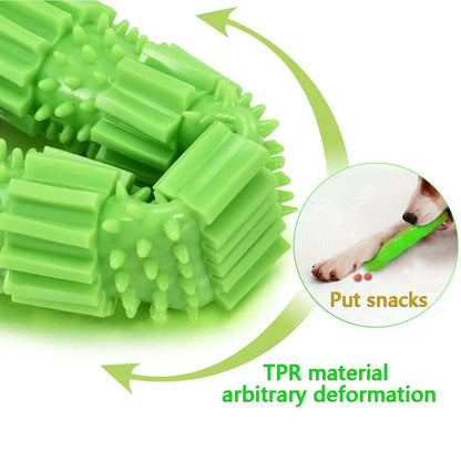 Pet dog teething stick chew toy and treat dispenser promoting dental health