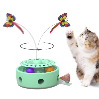 Smart electronic 3-in-1 cat toy with butterfly, feather, and rotating play