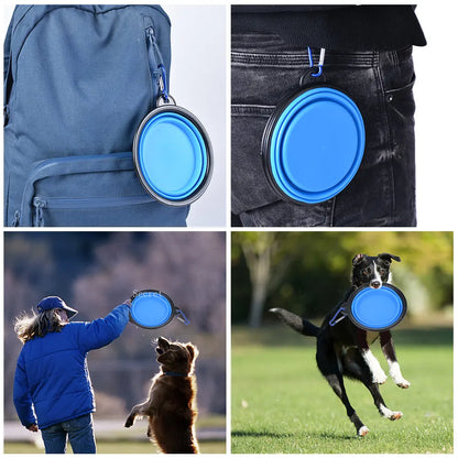 Collapsible silicone dog bowl for travel, camping, and hiking, lightweight and portable for outdoor pet feeding.
