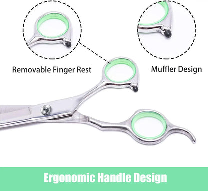 Pet grooming scissors with rounded safety tips and ergonomic handle for trimming dog and cat fur safely and precisely.