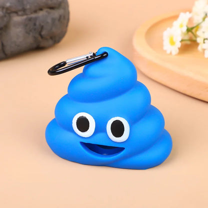 Poop-shaped pet waste bag dispenser clipped to a dog leash