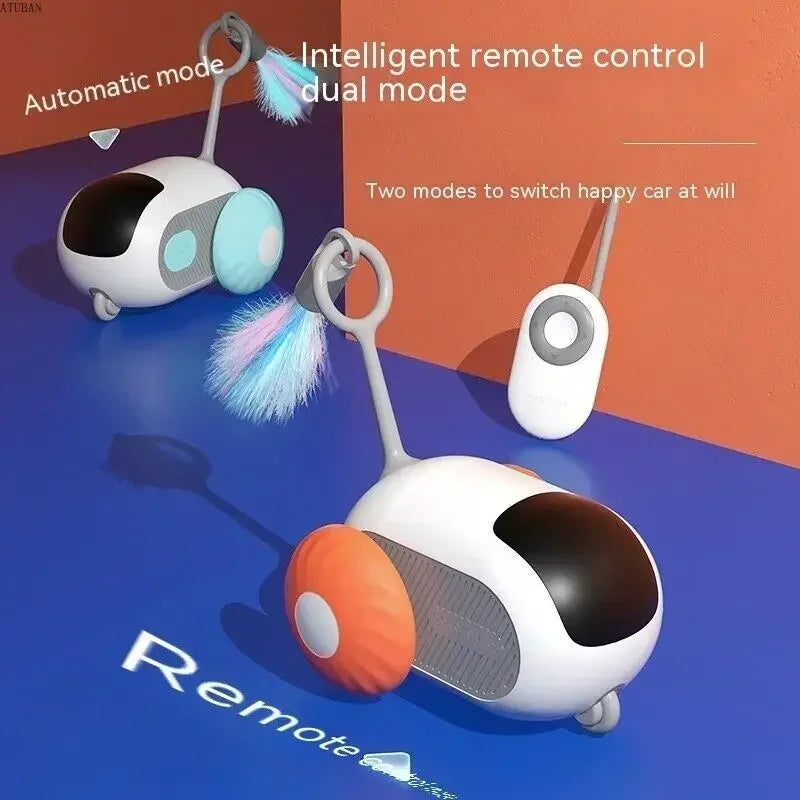 Interactive remote-controlled toy car for cats with feather teaser and USB charging.