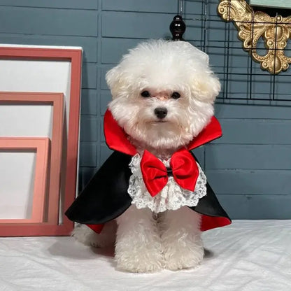 Red and black Halloween vampire cape costume for small to medium dogs, ideal for spooky parties and festive events.