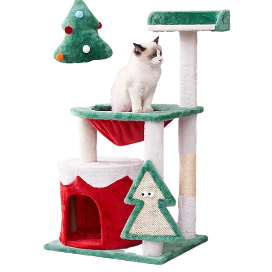 Festive cat climbing shelf with scratching post, hammock, and wooden platforms – perfect for Christmas fun.